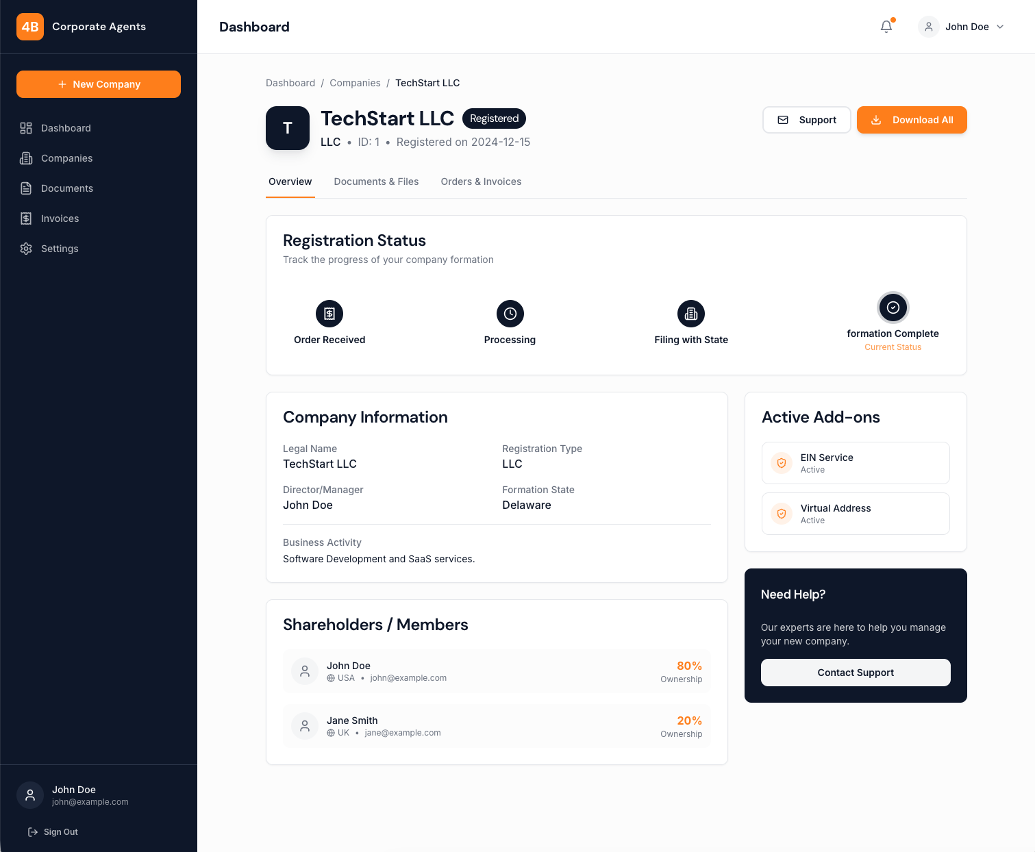 4B company detail with registration status, info and add-ons