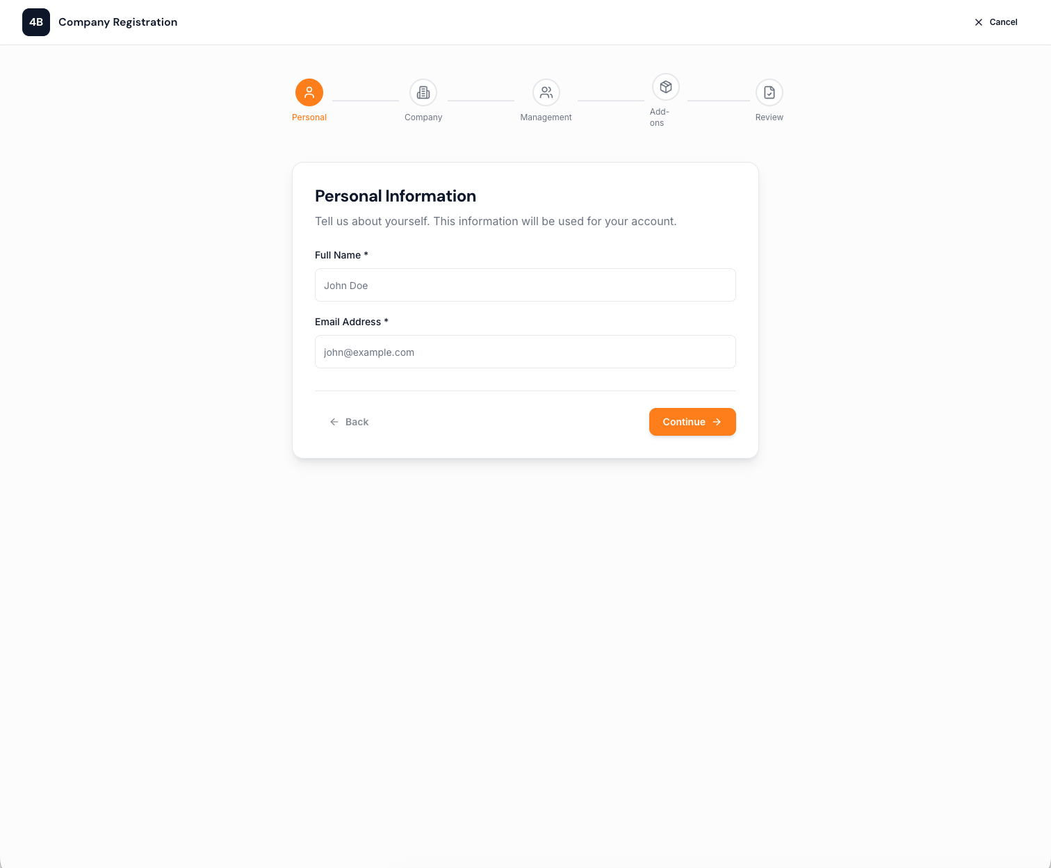 4B multi-step company registration wizard