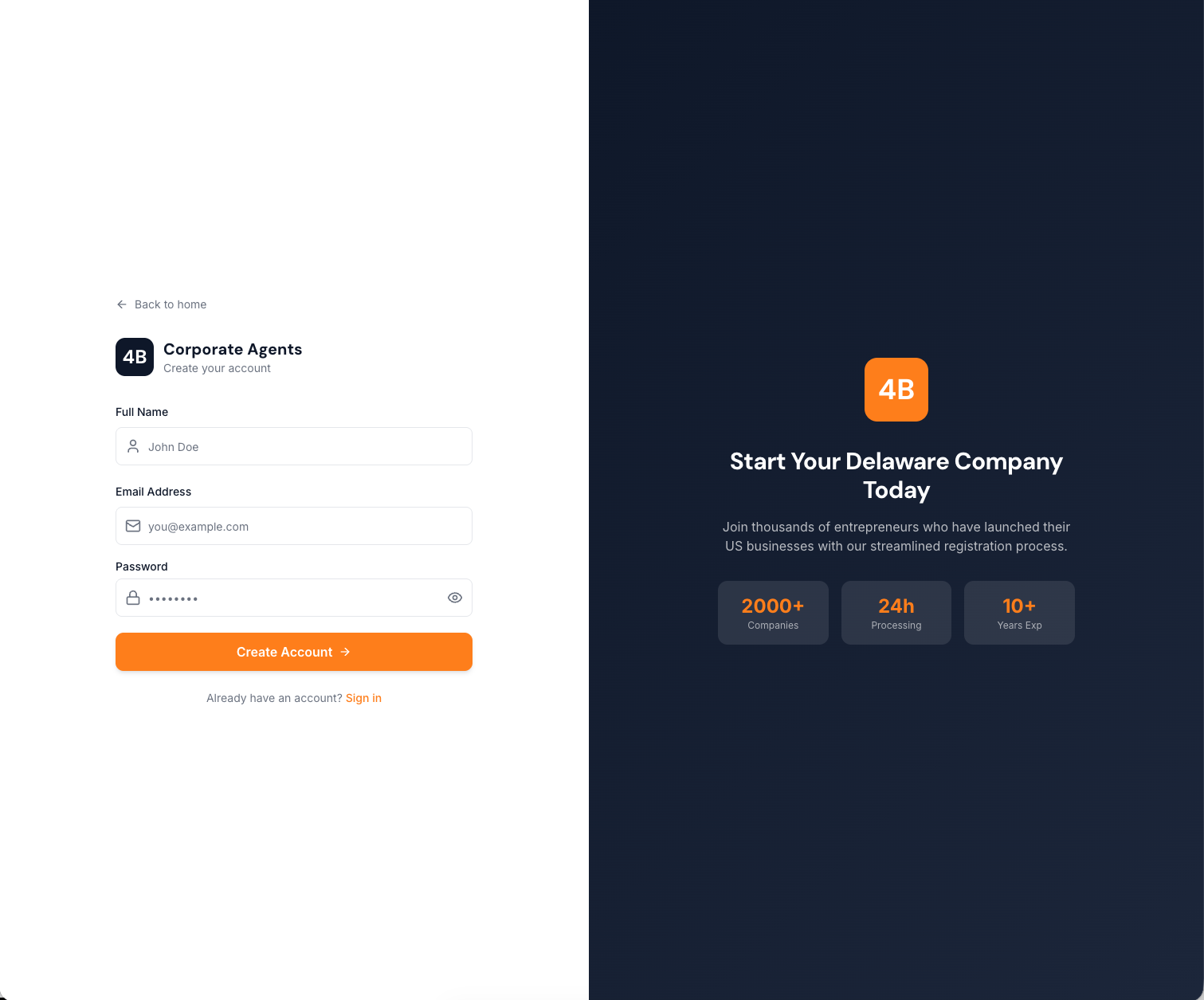 4B create account screen with company formation highlights
