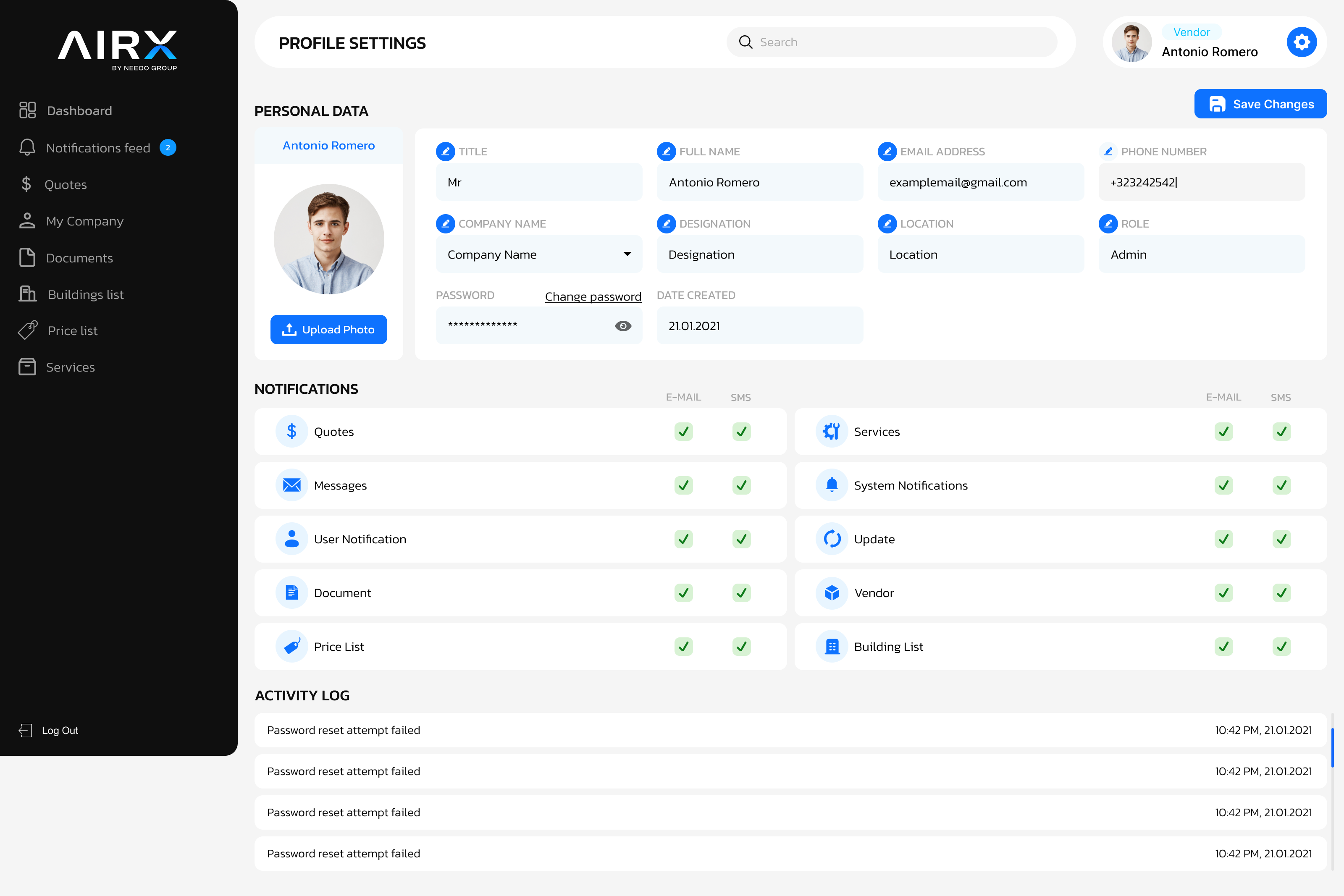 AIRX profile settings with notification preferences and activity log