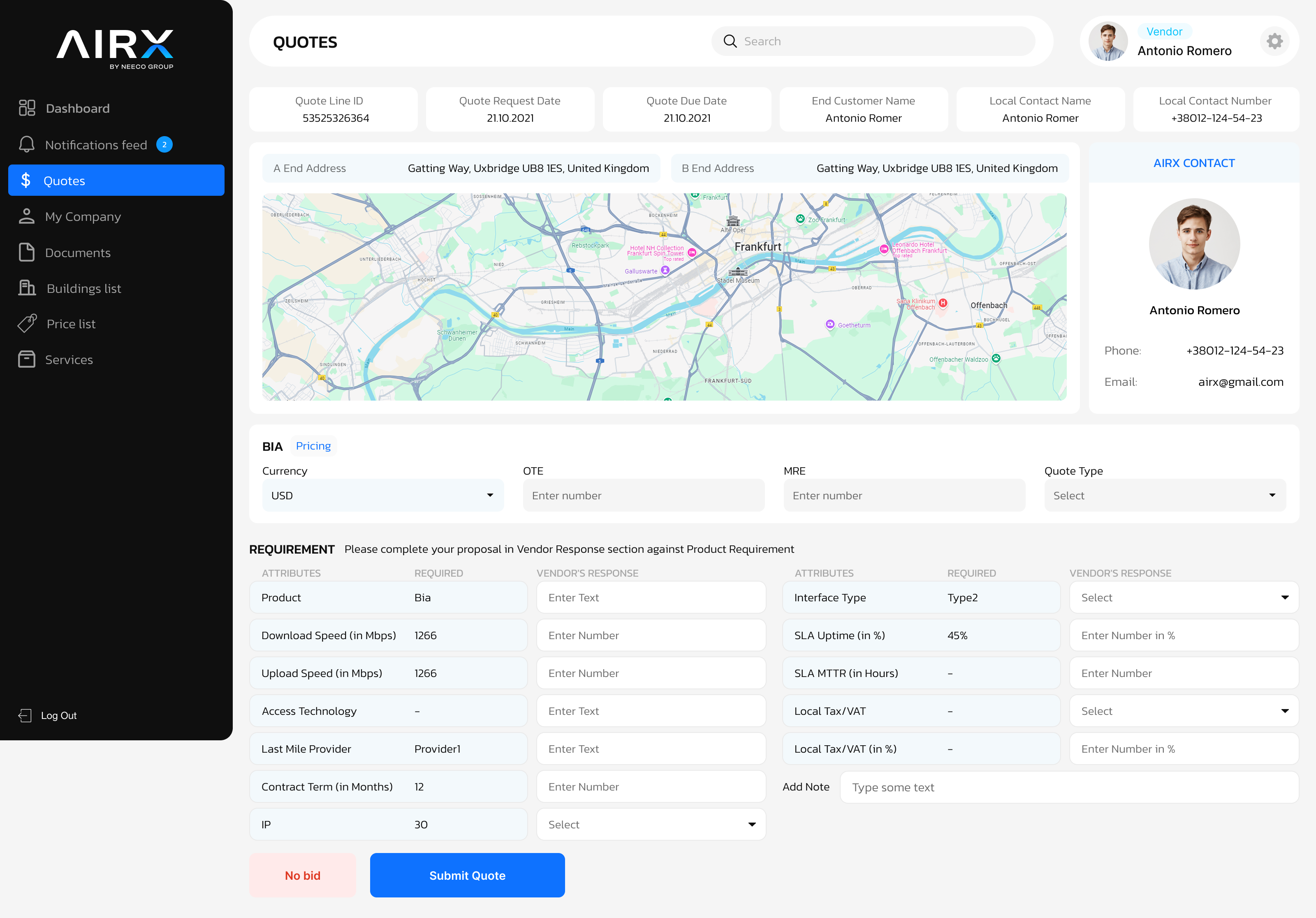 AIRX quote request with coverage map, pricing and vendor requirements