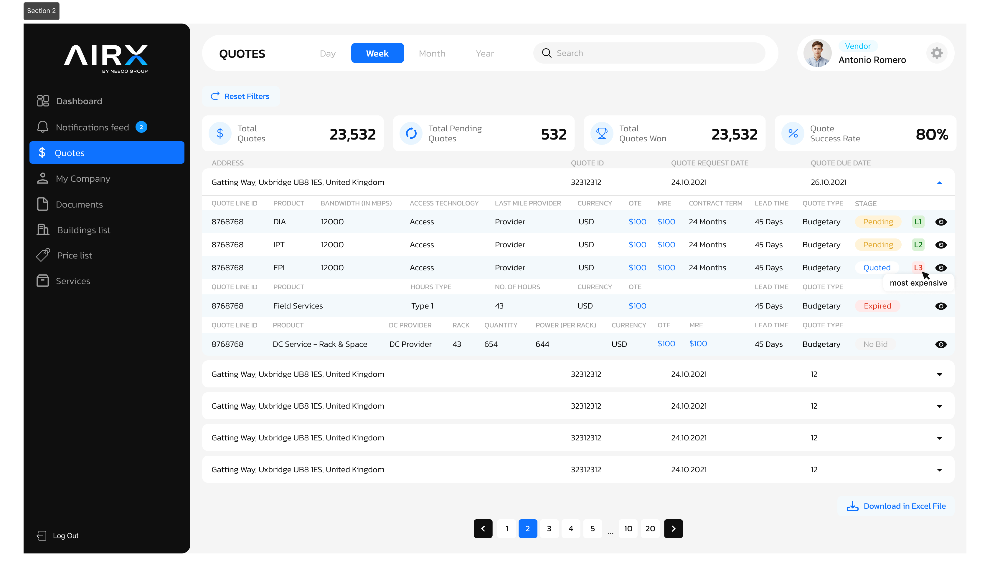AIRX quotes list with success rate, status tracking and Excel export
