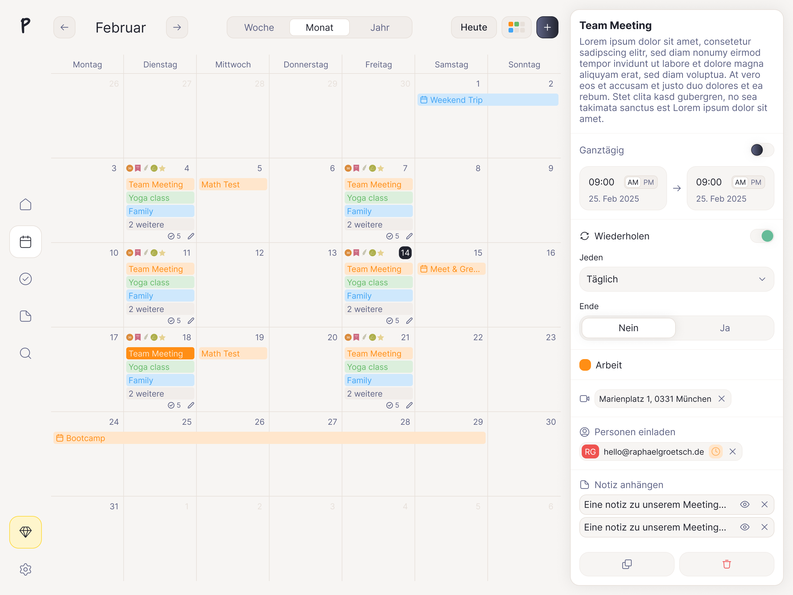 Planner calendar month view with event details panel