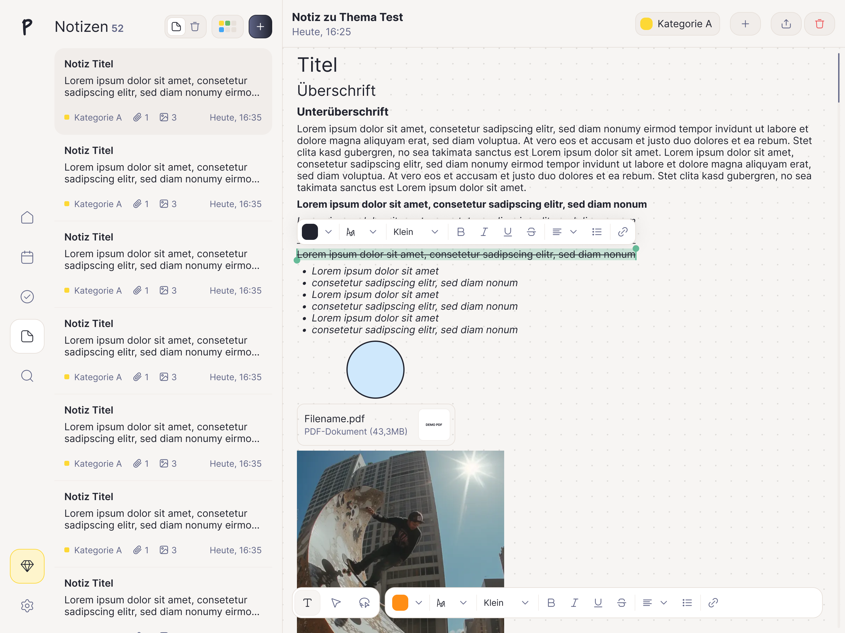 Planner notes list with rich-text note editor