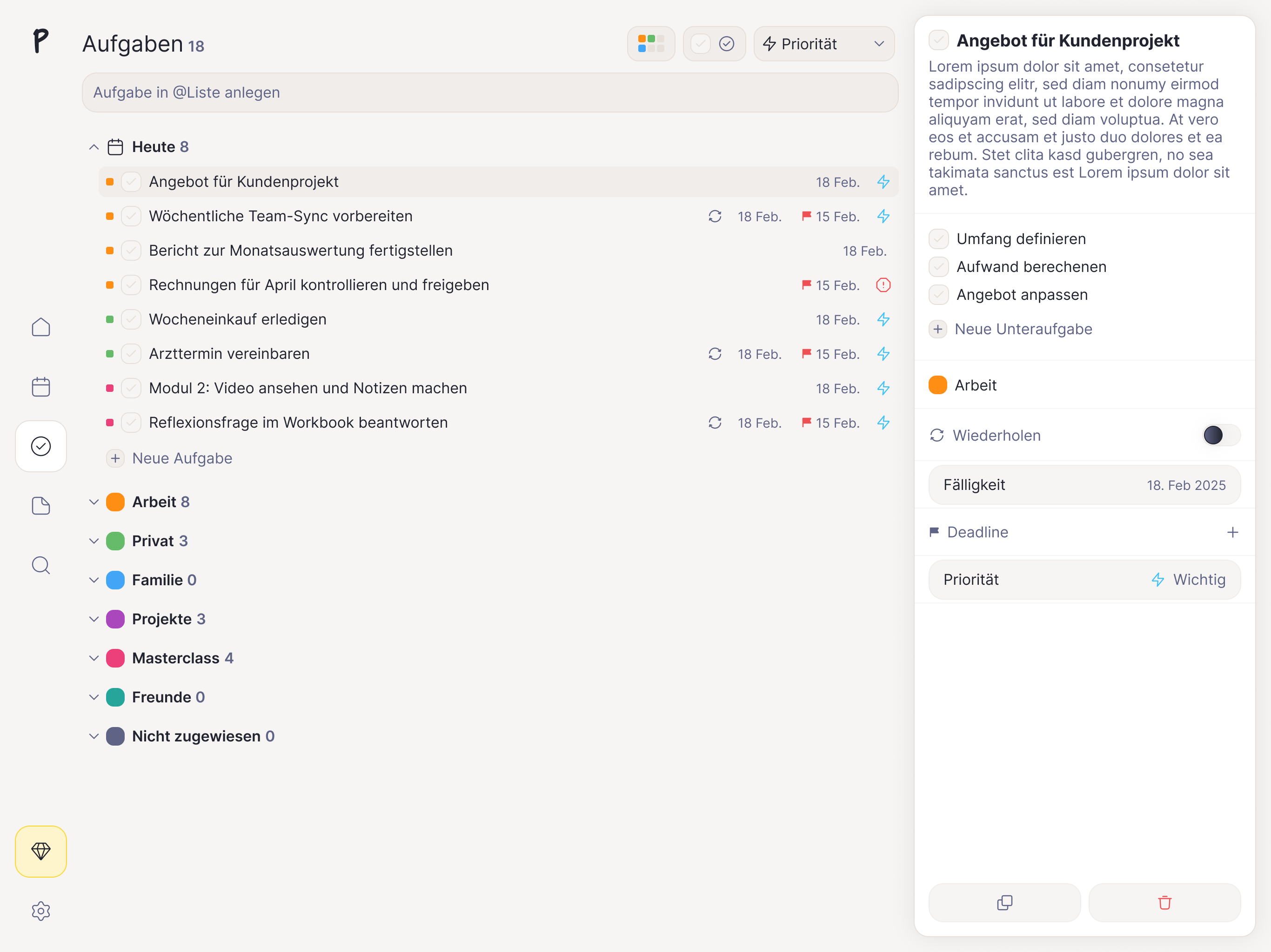 Planner task list with task details and subtasks panel