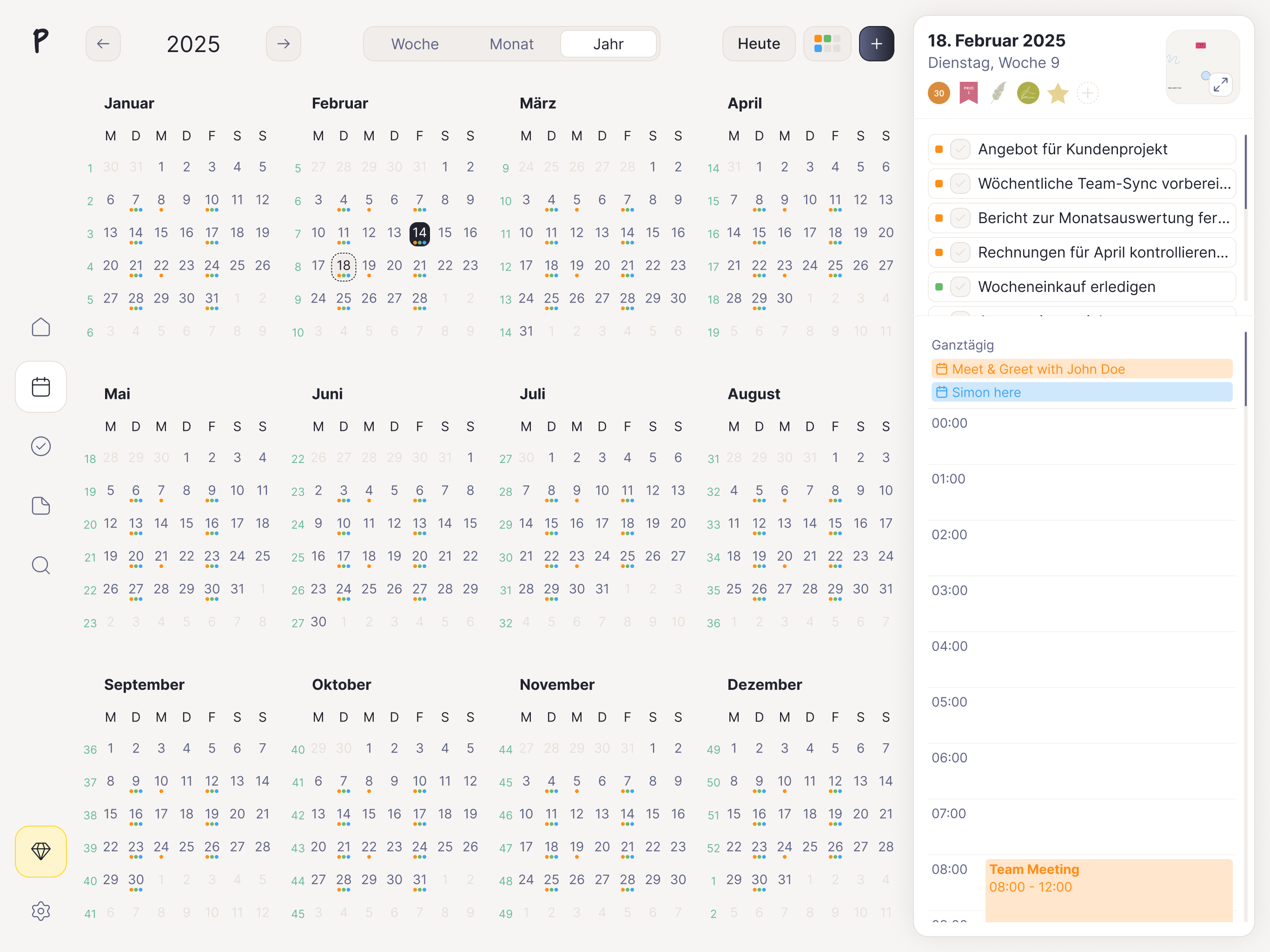 Planner calendar year view with daily agenda panel