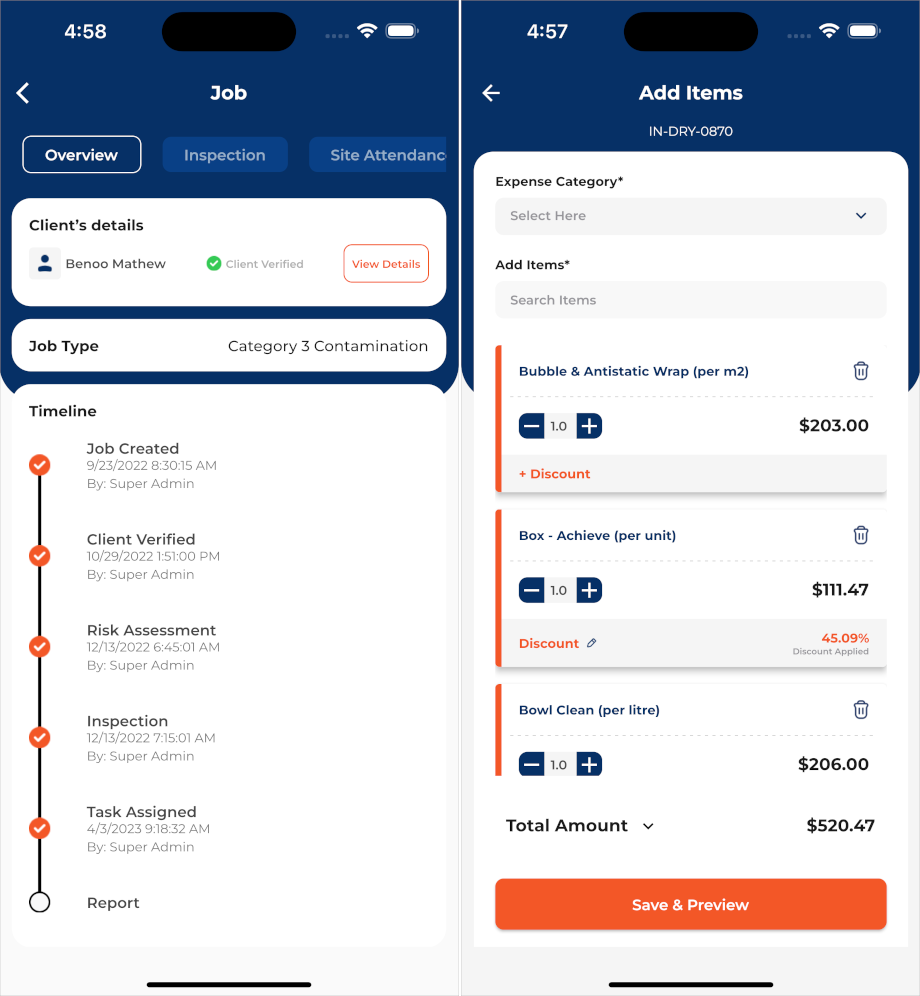 Reztor job timeline and line-item invoicing screens