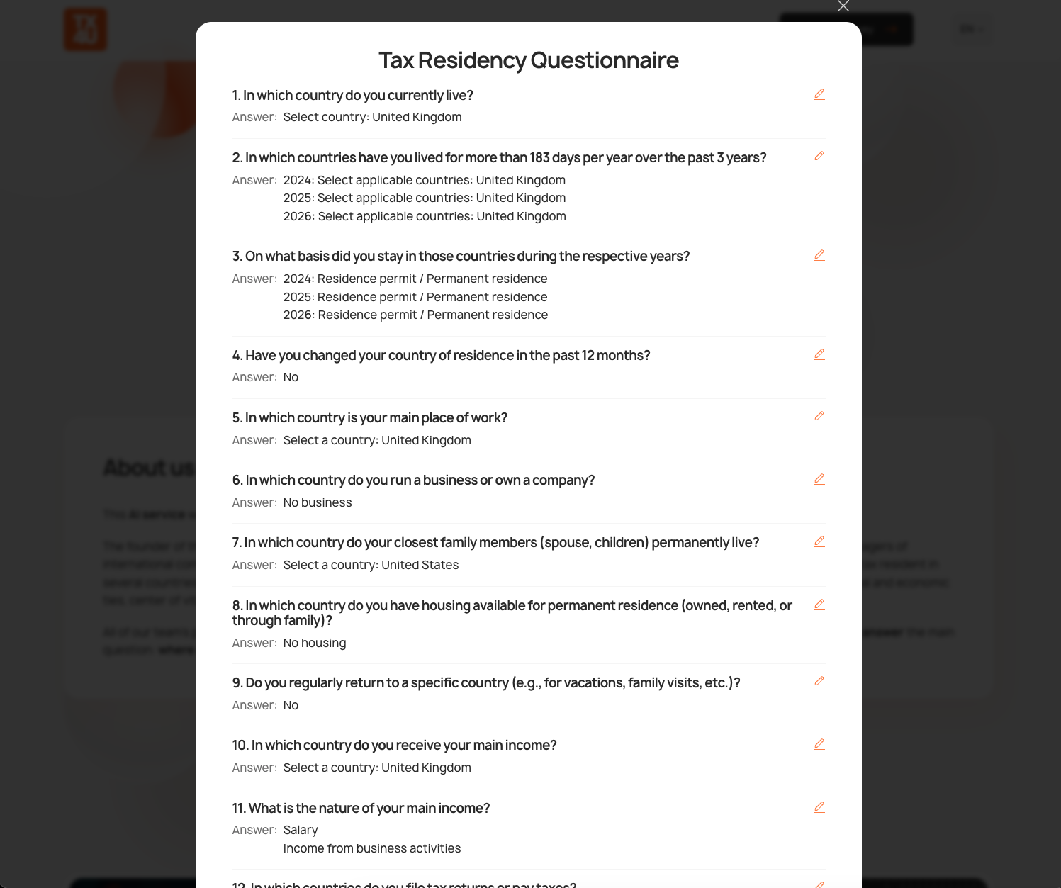 TX4U questionnaire summary with answers across tax residency factors
