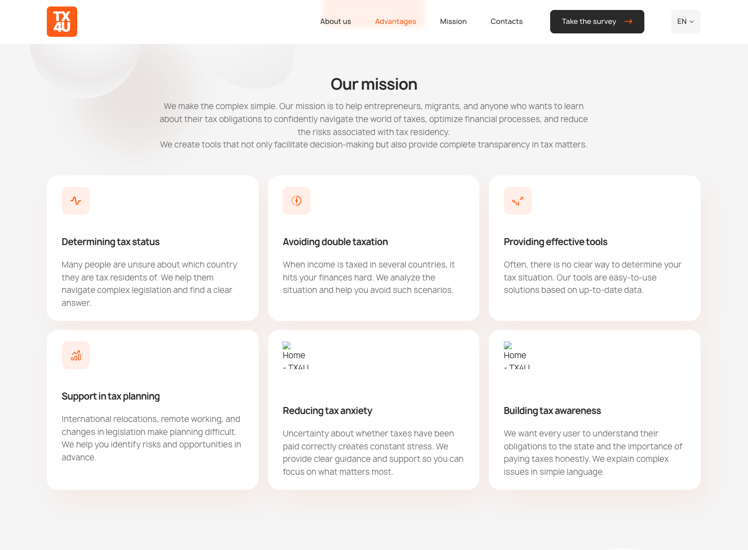 TX4U mission page outlining tax planning goals and benefits