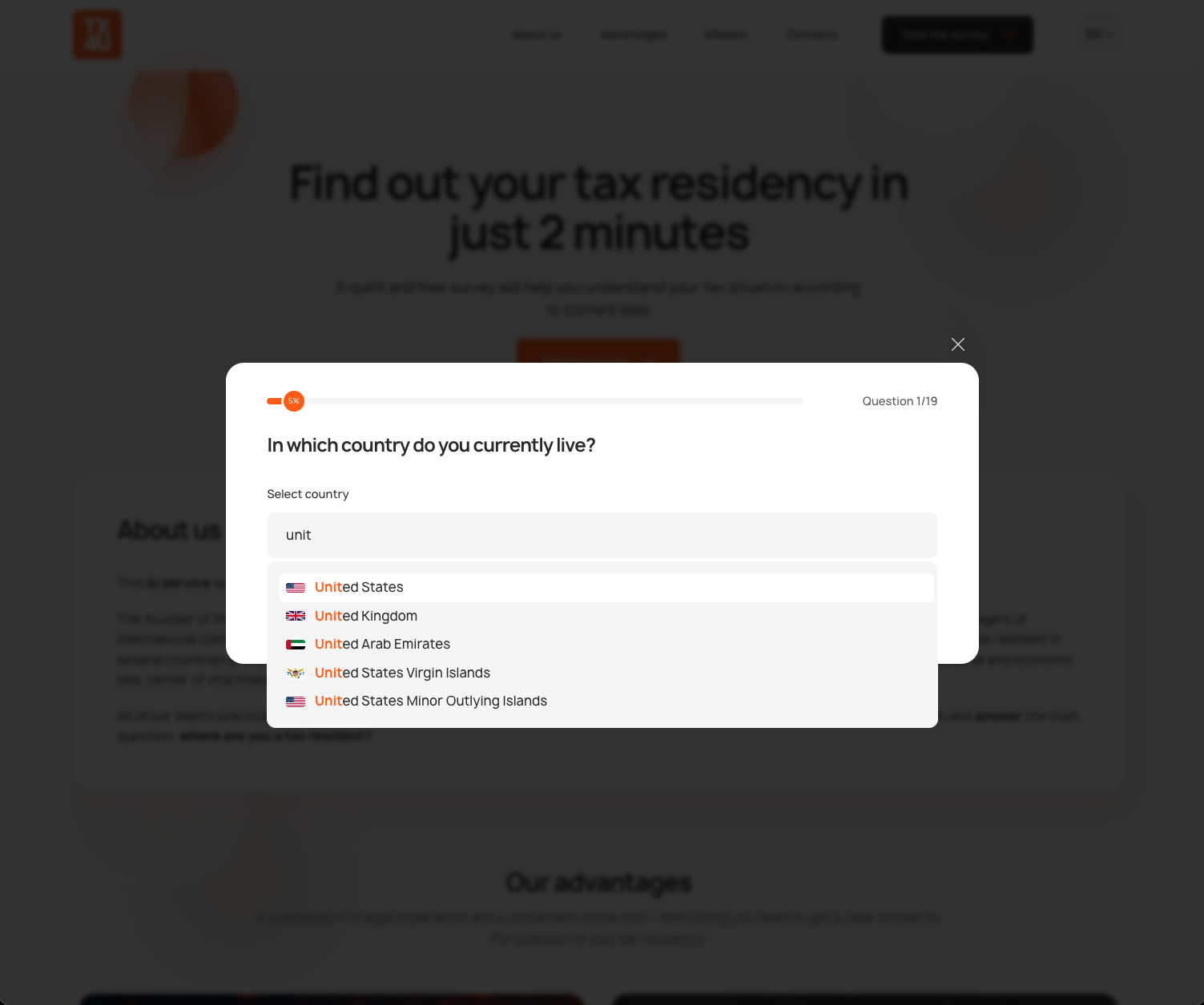 TX4U dynamic tax residency questionnaire with country selection